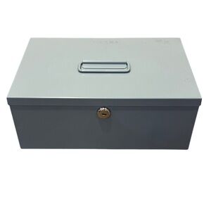 Gray Metal Money Lock Box Handle Two Working Keys